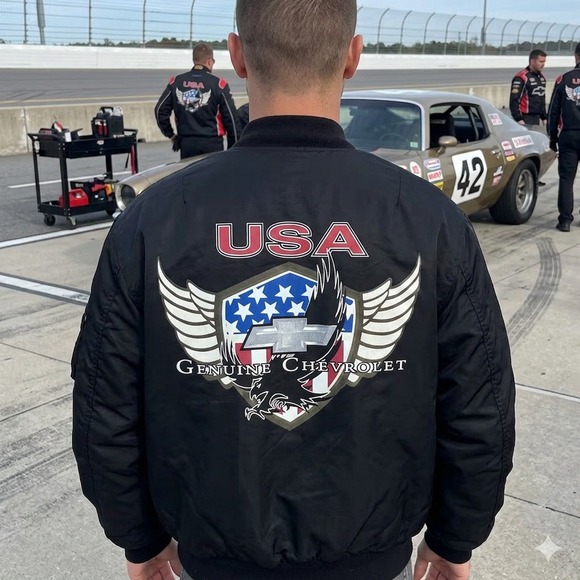 Vintage Swingster Chevrolet USA Bomber Jacket Mens Large Black Quilted Flight L